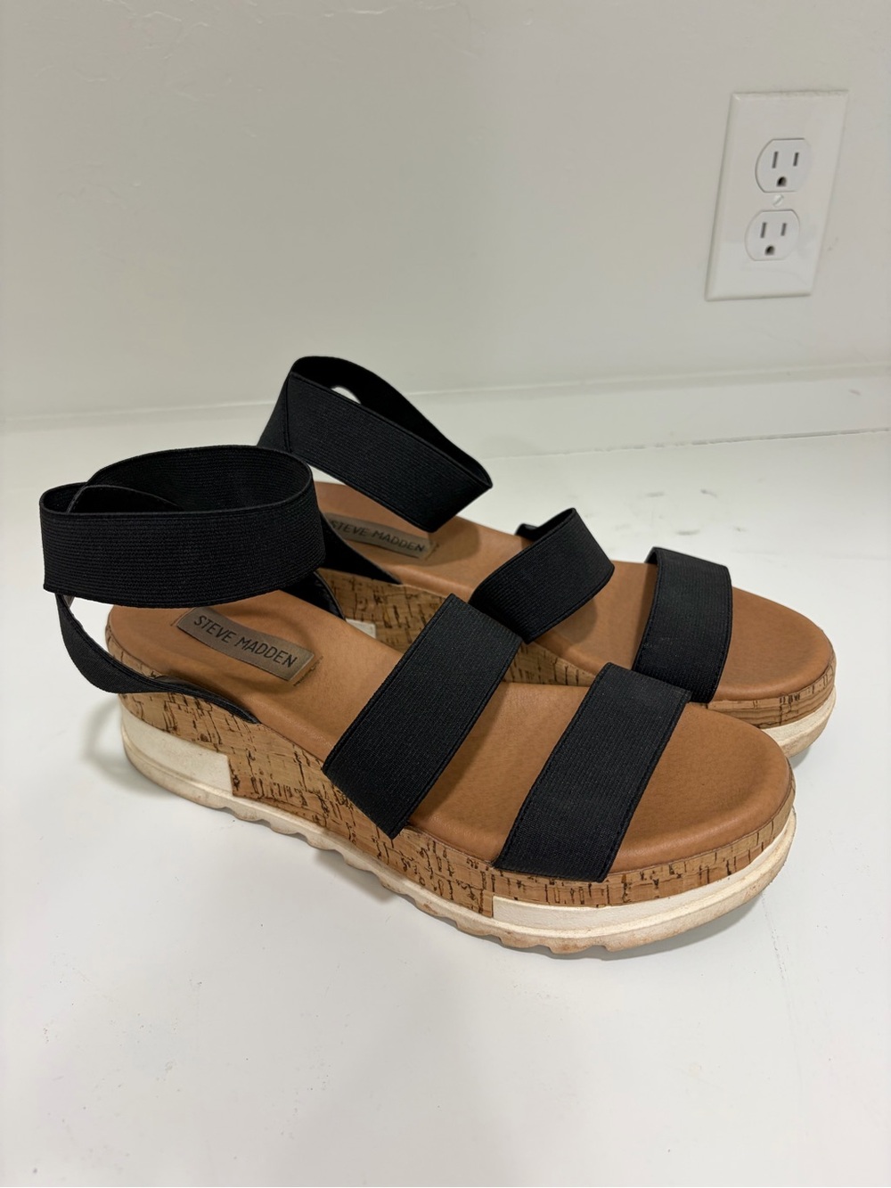 Steve Madden Black Elastic Strappy Cork-Platform Sandals